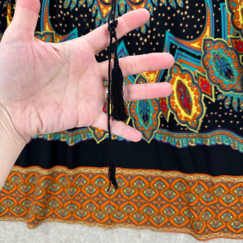 ECI Tunic Top 1X Stretchy Black Orange Paisley Medallion Tassel Boho - Picture 3 of 8